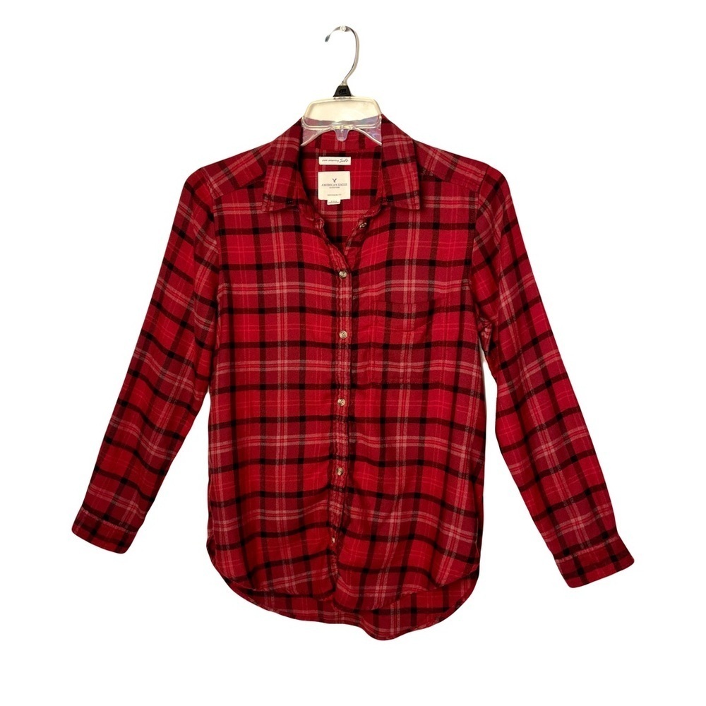 American Eagle | Red Black Plaid Soft Flannel Boyfriend Fit Button Shirt, Medium